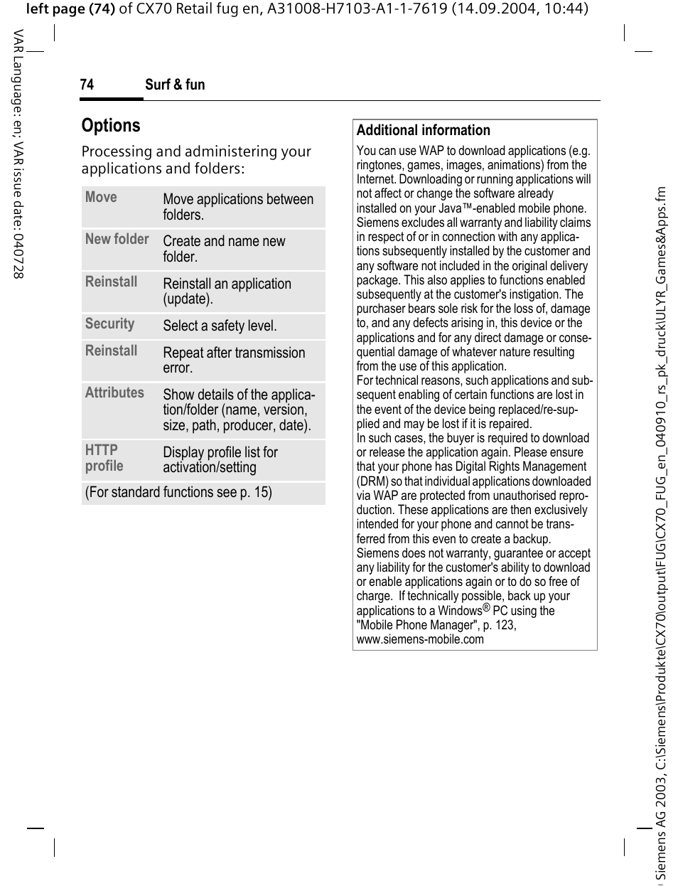 Options | Siemens CXT70 User Manual | Page 75 / 151