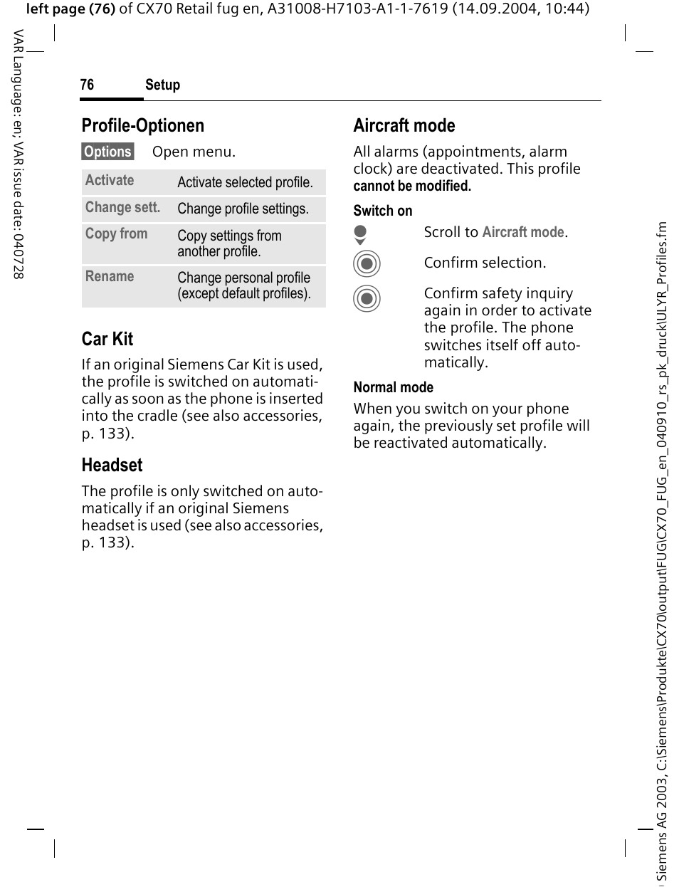 Profile-optionen, Car kit, Headset | Aircraft mode | Siemens CXT70 User Manual | Page 77 / 151