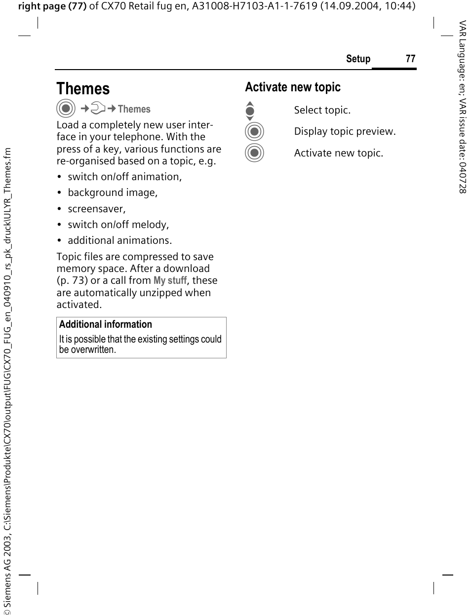 Themes, Activate new topic | Siemens CXT70 User Manual | Page 78 / 151