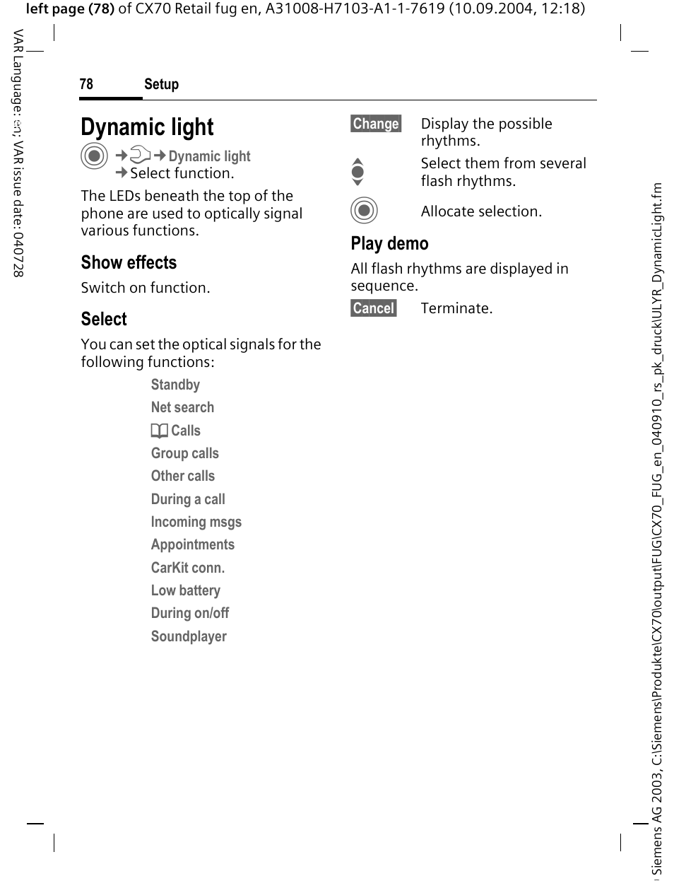 Dynamic light, Show effects, Select | Play demo | Siemens CXT70 User Manual | Page 79 / 151