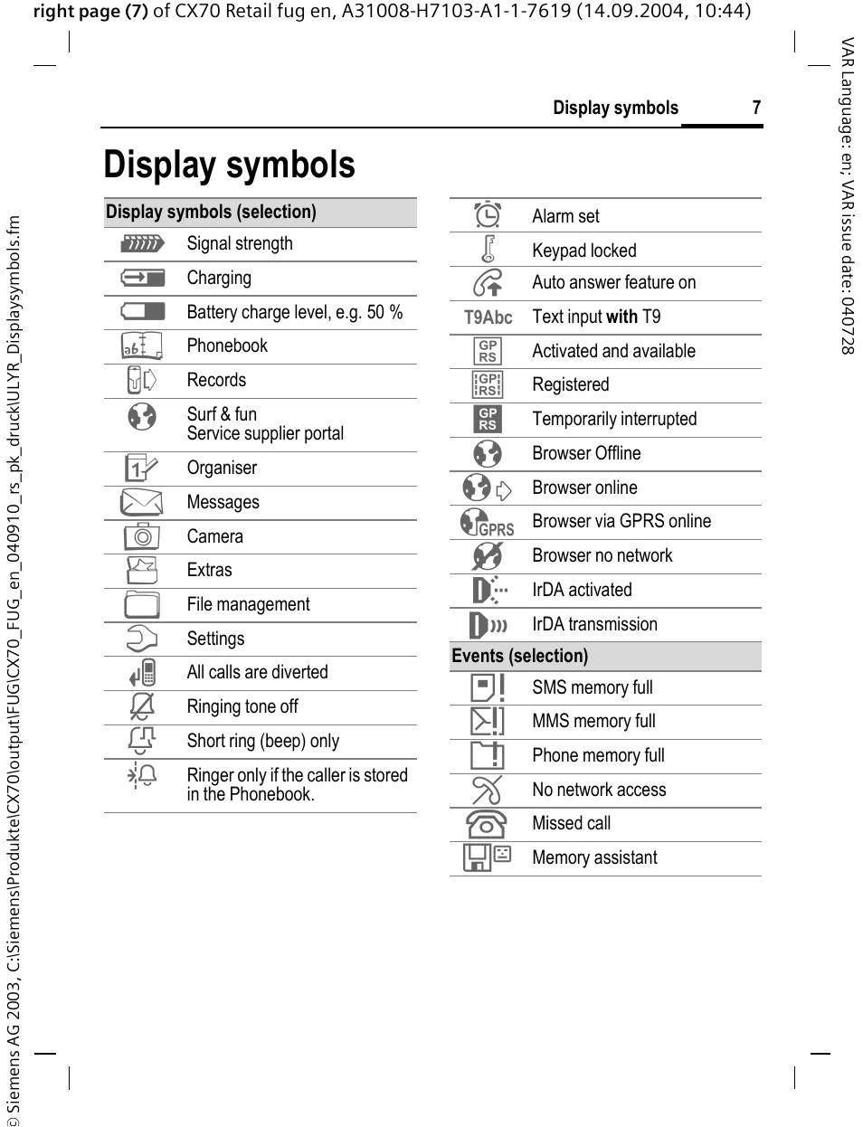 Display symbols | Siemens CXT70 User Manual | Page 8 / 151