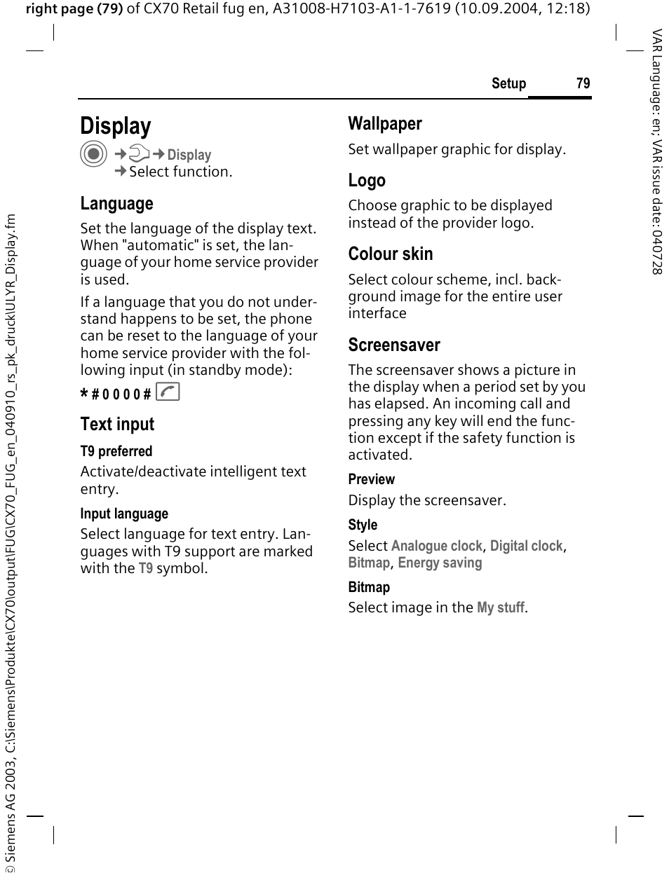 Display, Ver (p. 79), P. 79) | R (p. 79), Heme (p. 79), Language, Text input, Wallpaper, Logo, Colour skin | Siemens CXT70 User Manual | Page 80 / 151