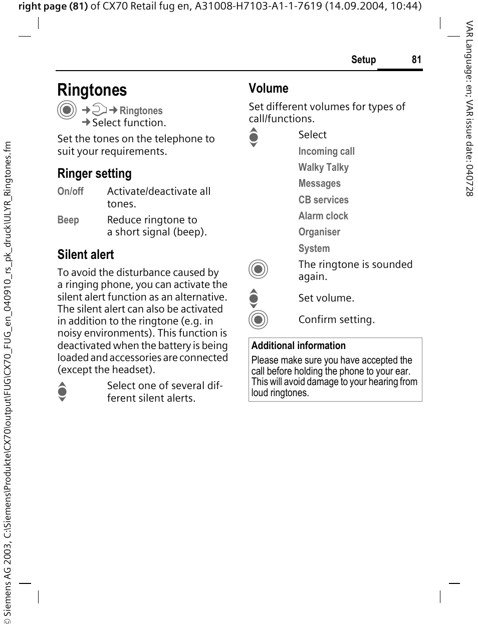 Ringtones, Nes (p. 81), Ringer setting | Silent alert, Volume | Siemens CXT70 User Manual | Page 82 / 151