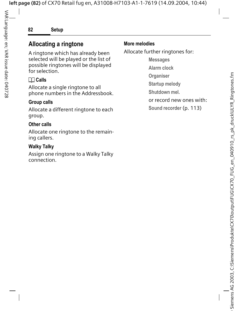 Allocating a ringtone | Siemens CXT70 User Manual | Page 83 / 151