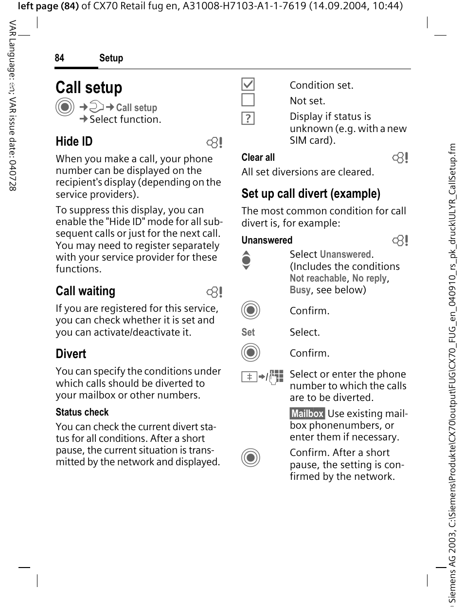 Call setup, Hide id b, Call waiting b | Divert, Set up call divert (example) | Siemens CXT70 User Manual | Page 85 / 151