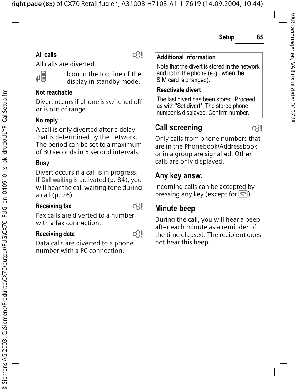 Call screening b, Any key answ, Minute beep | Siemens CXT70 User Manual | Page 86 / 151