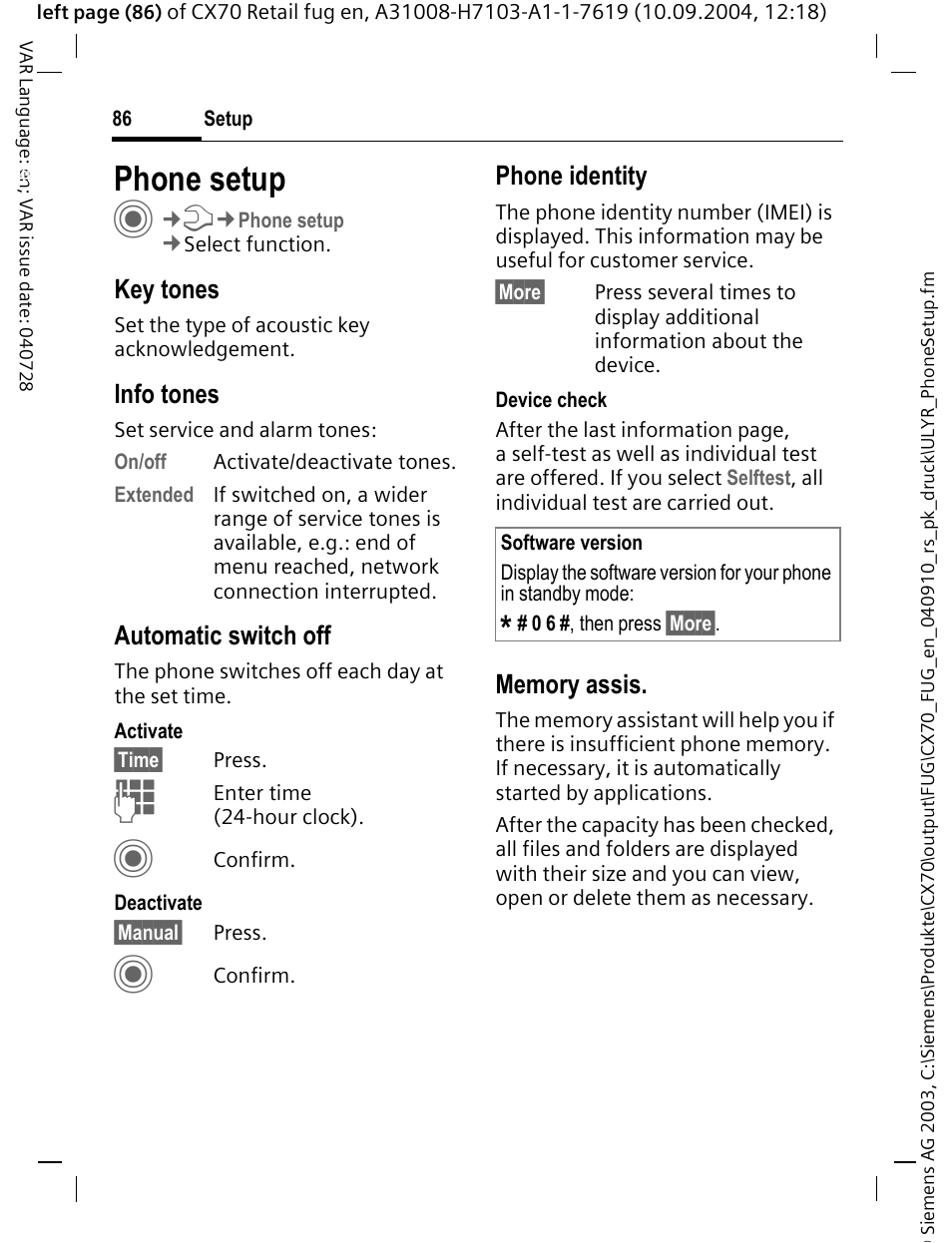 Phone setup, Key tones, Info tones | Automatic switch off, Phone identity | Siemens CXT70 User Manual | Page 87 / 151