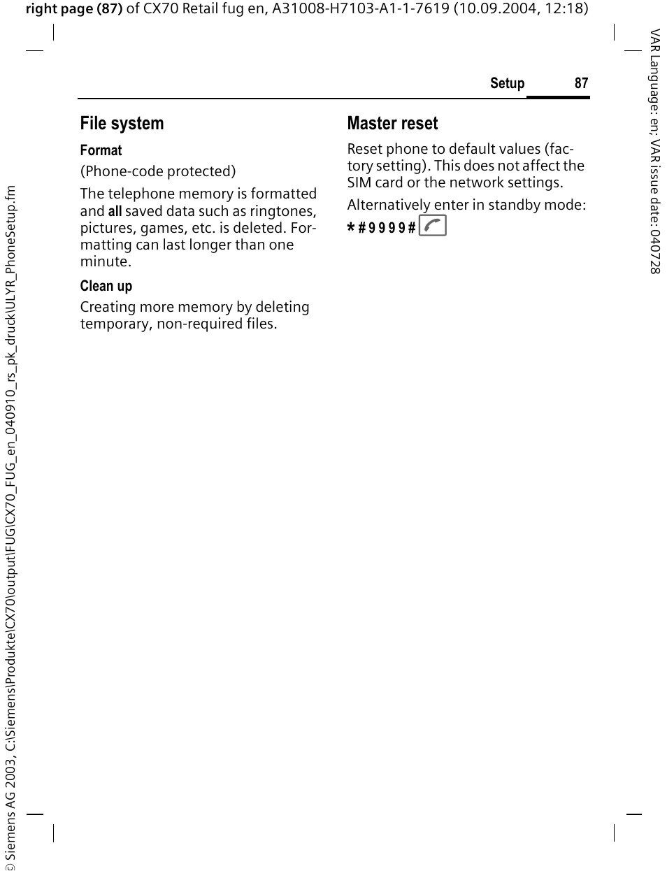 File system, Master reset | Siemens CXT70 User Manual | Page 88 / 151