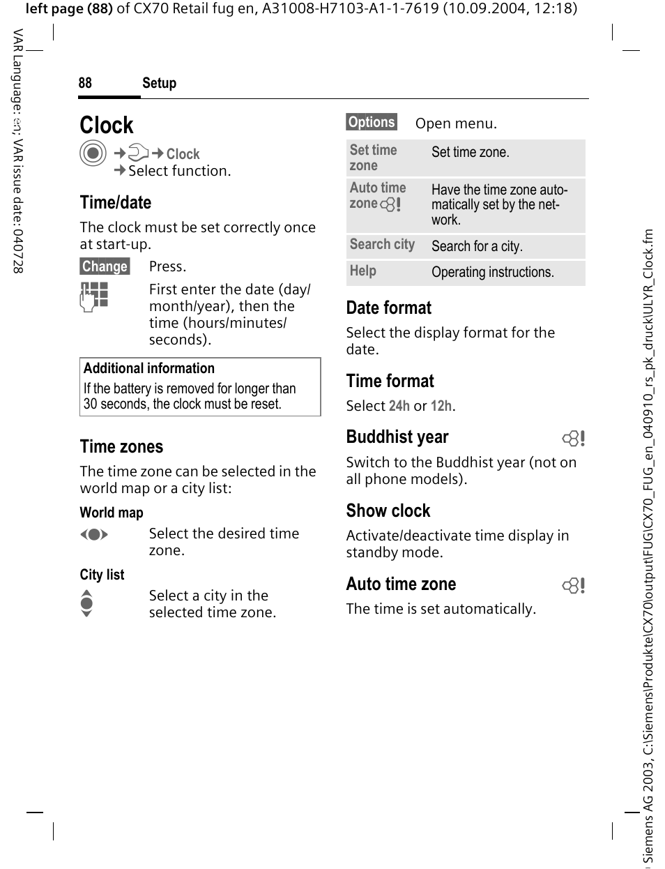 Clock, Time/date, Time zones | Date format, Time format, Buddhist year b, Show clock, Auto time zone b | Siemens CXT70 User Manual | Page 89 / 151