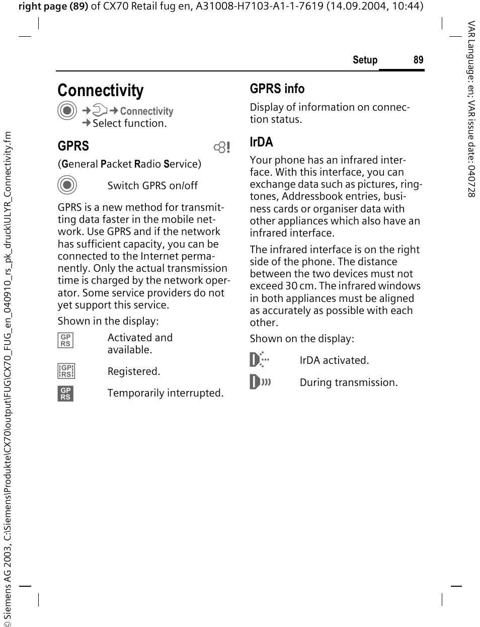 Connectivity, Gprs b, Gprs info | Irda | Siemens CXT70 User Manual | Page 90 / 151