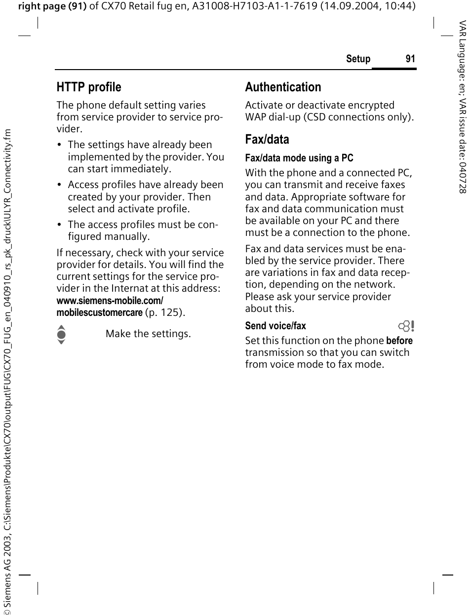 Authentication, Fax/data | Siemens CXT70 User Manual | Page 92 / 151