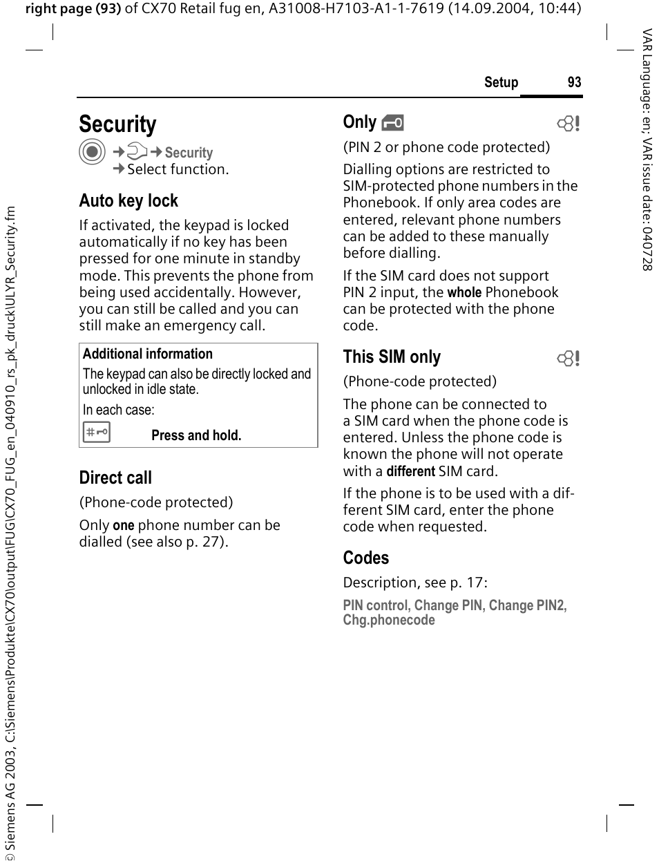 Security, Auto key lock, Direct call | Only, This sim only b, Codes | Siemens CXT70 User Manual | Page 94 / 151