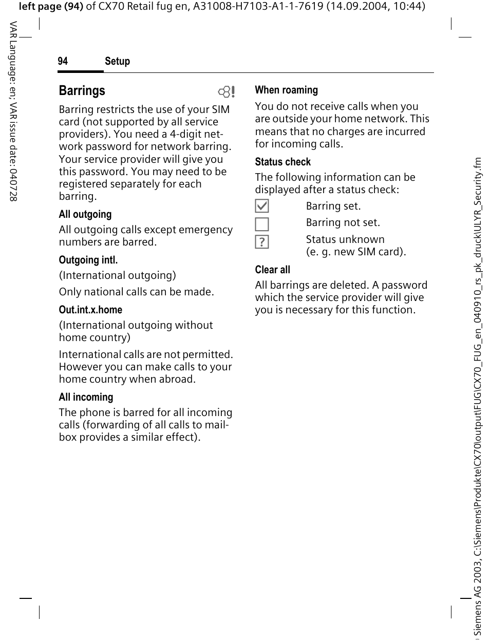 Barrings b | Siemens CXT70 User Manual | Page 95 / 151