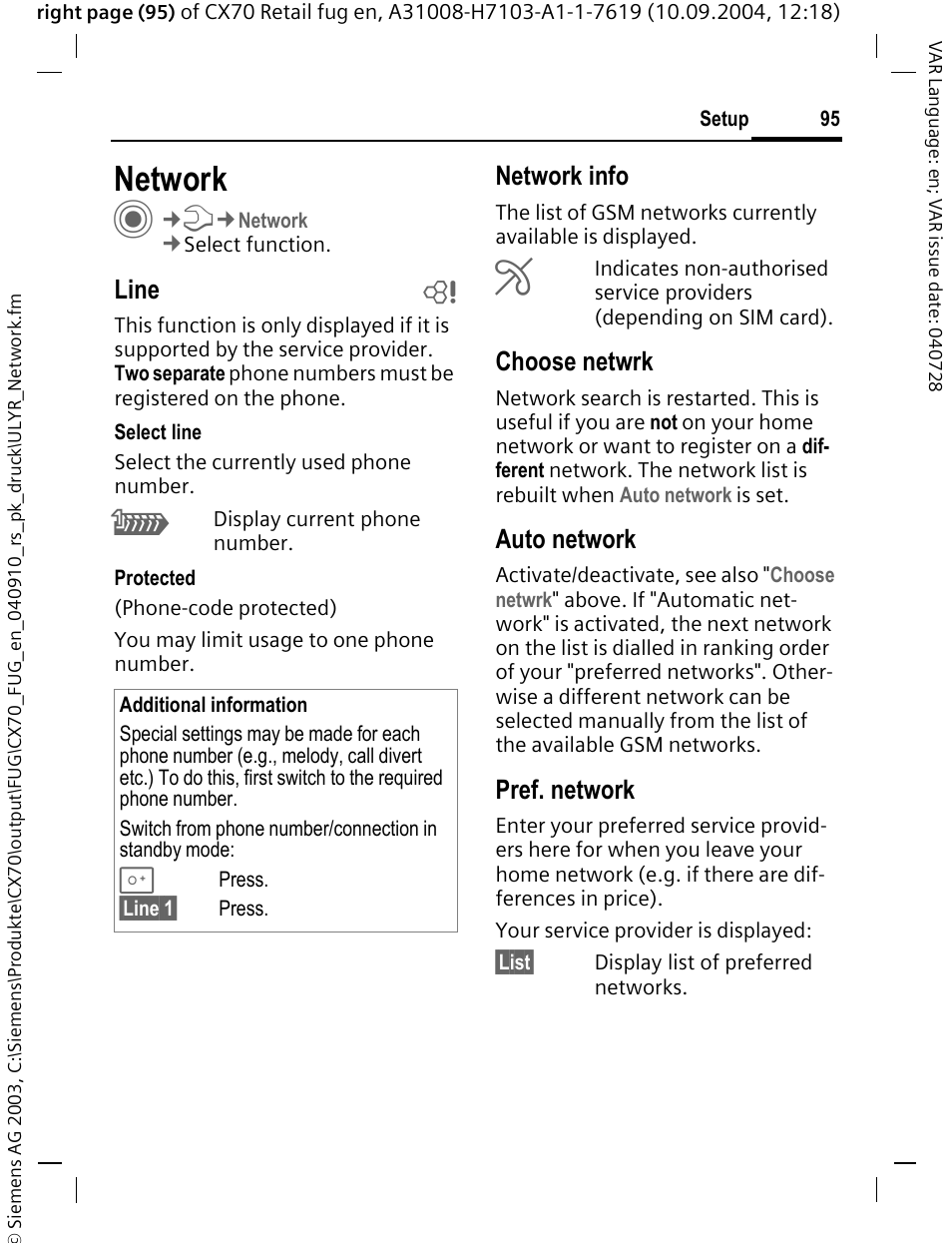 Network, Line b, Network info | Choose netwrk, Auto network, Pref. network | Siemens CXT70 User Manual | Page 96 / 151