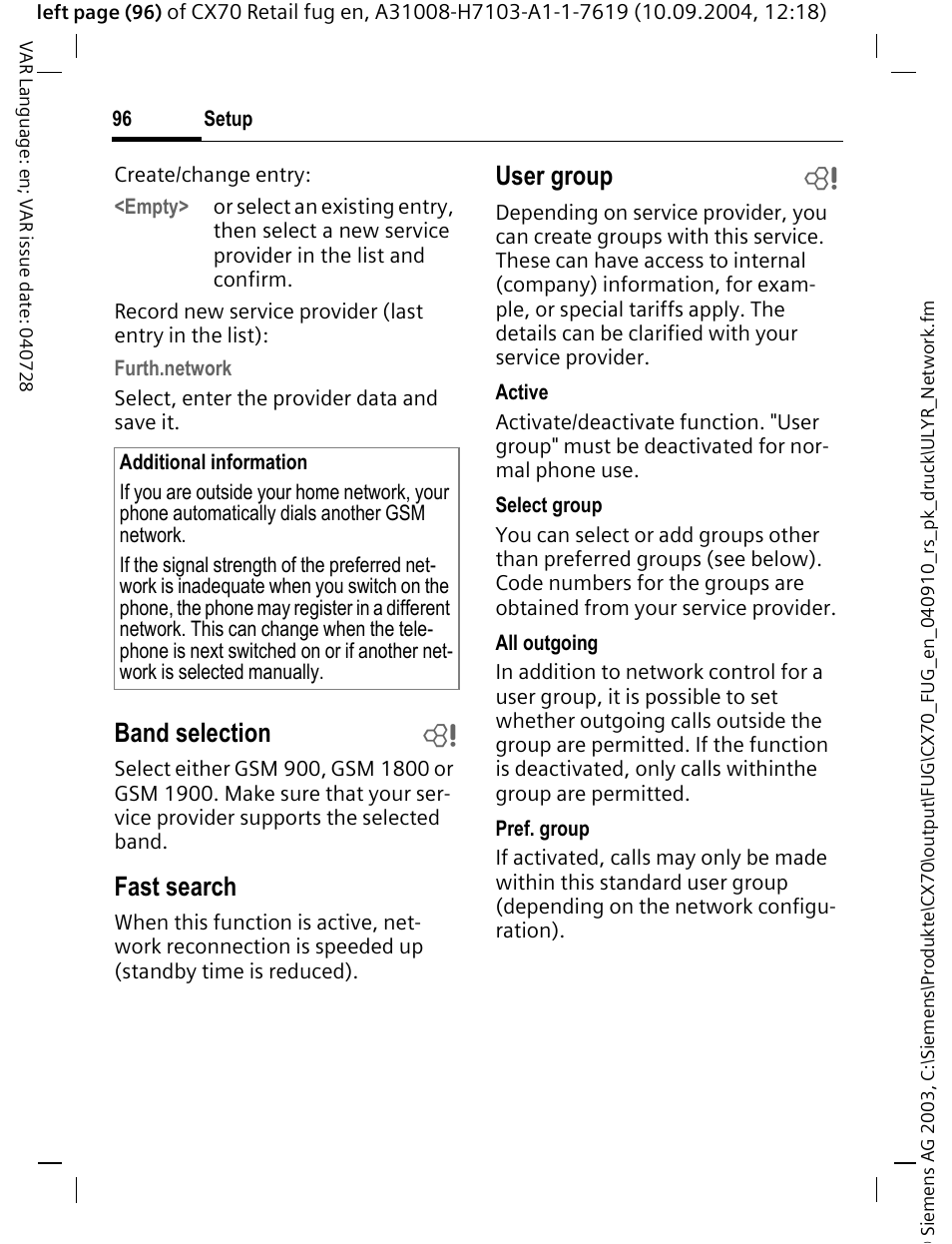 Band selection b, Fast search, User group b | Siemens CXT70 User Manual | Page 97 / 151