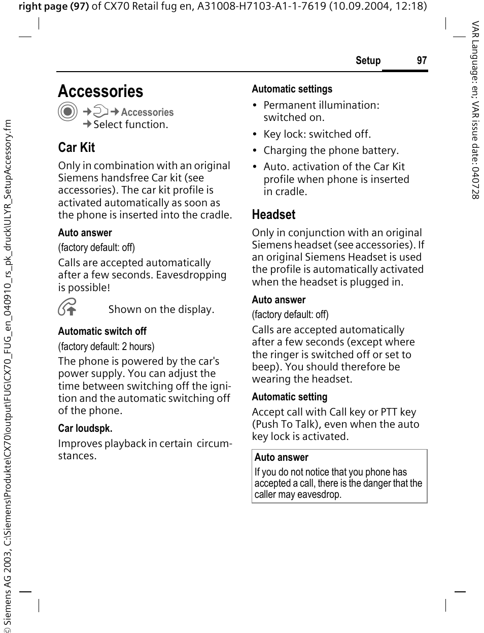 Accessories, Car kit, Headset | Siemens CXT70 User Manual | Page 98 / 151