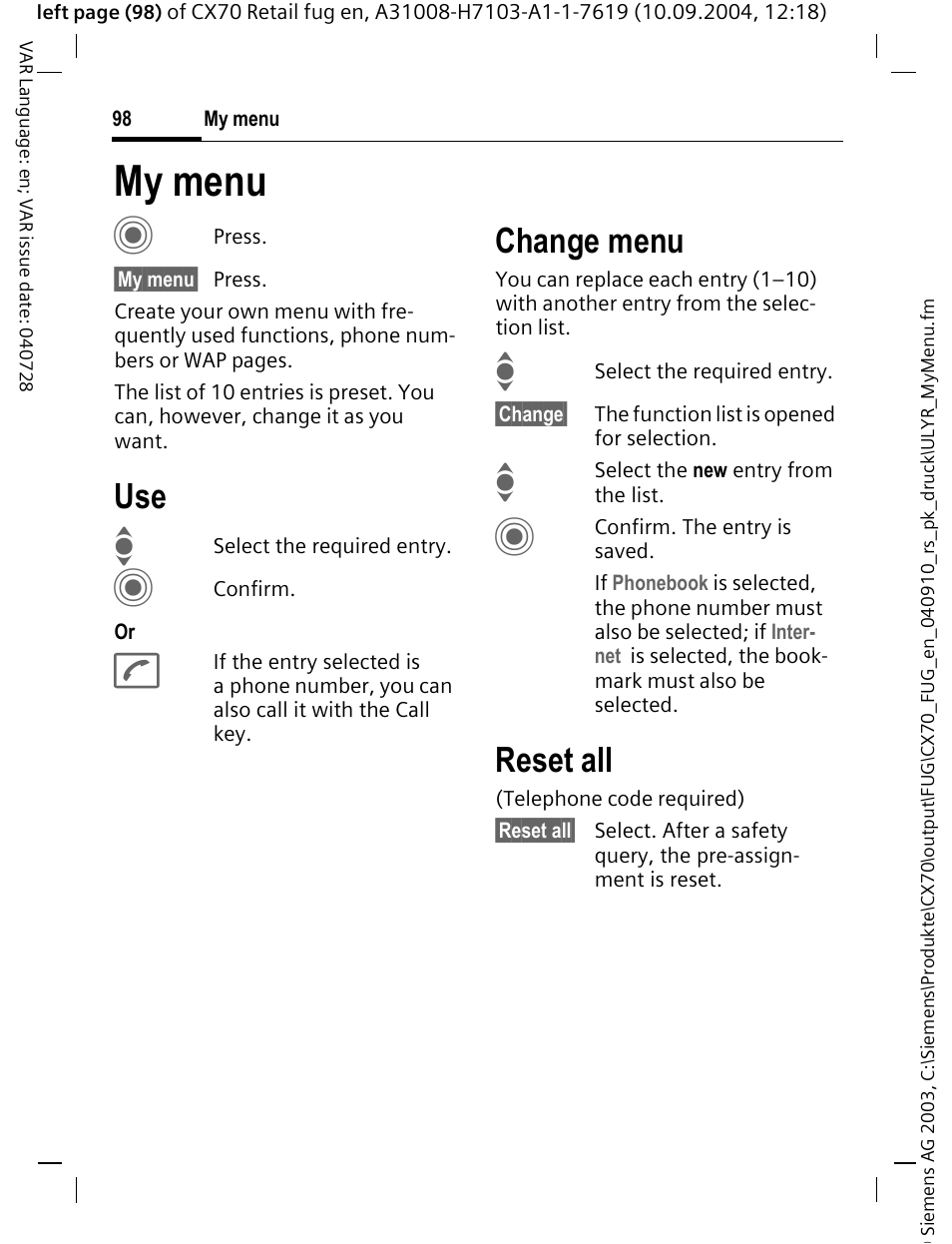 My menu, P. 98), My menu c | Change menu, Reset all | Siemens CXT70 User Manual | Page 99 / 151