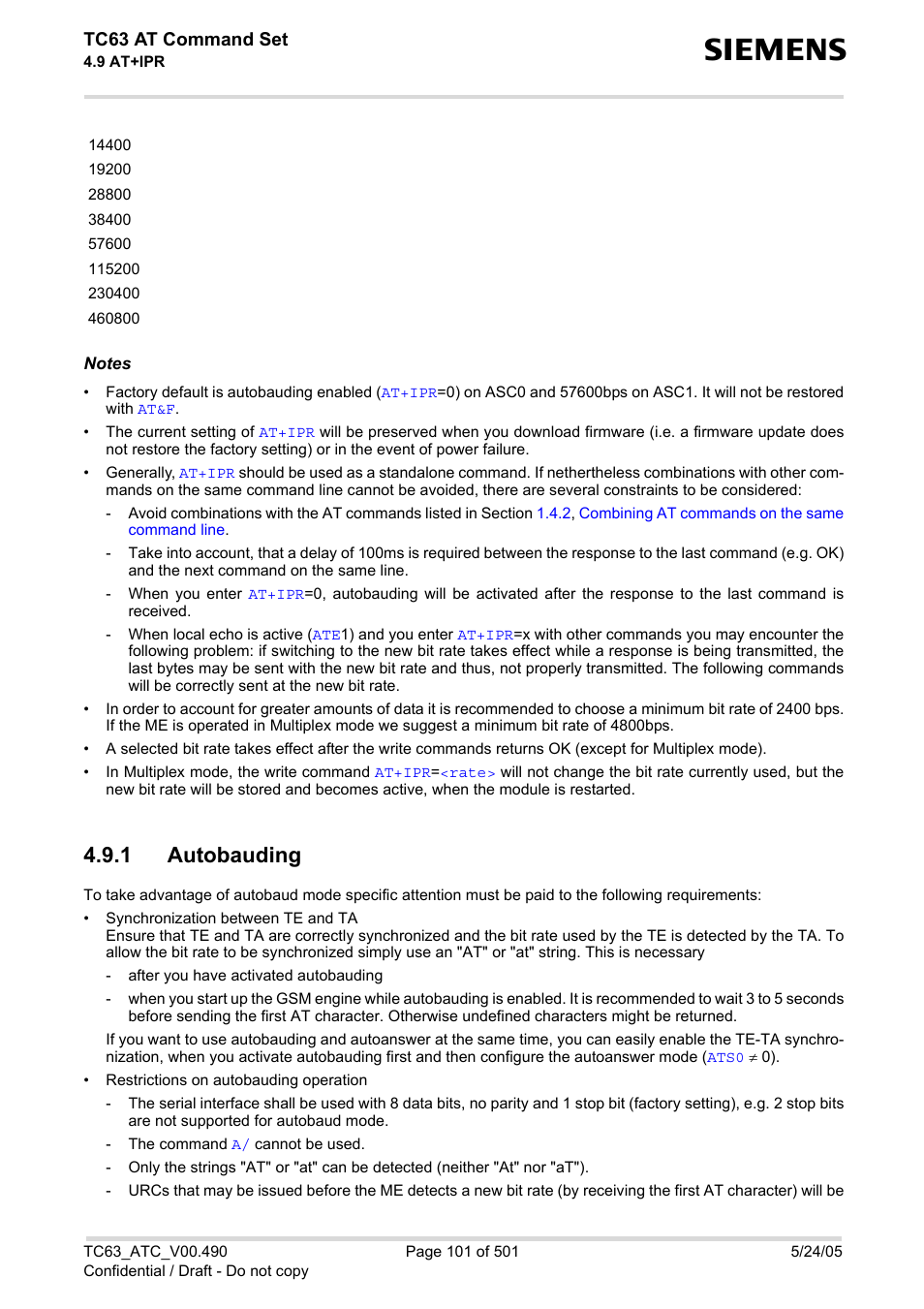 1 autobauding, Autobauding, E section | Autobaud | Siemens TC63 User Manual | Page 101 / 501