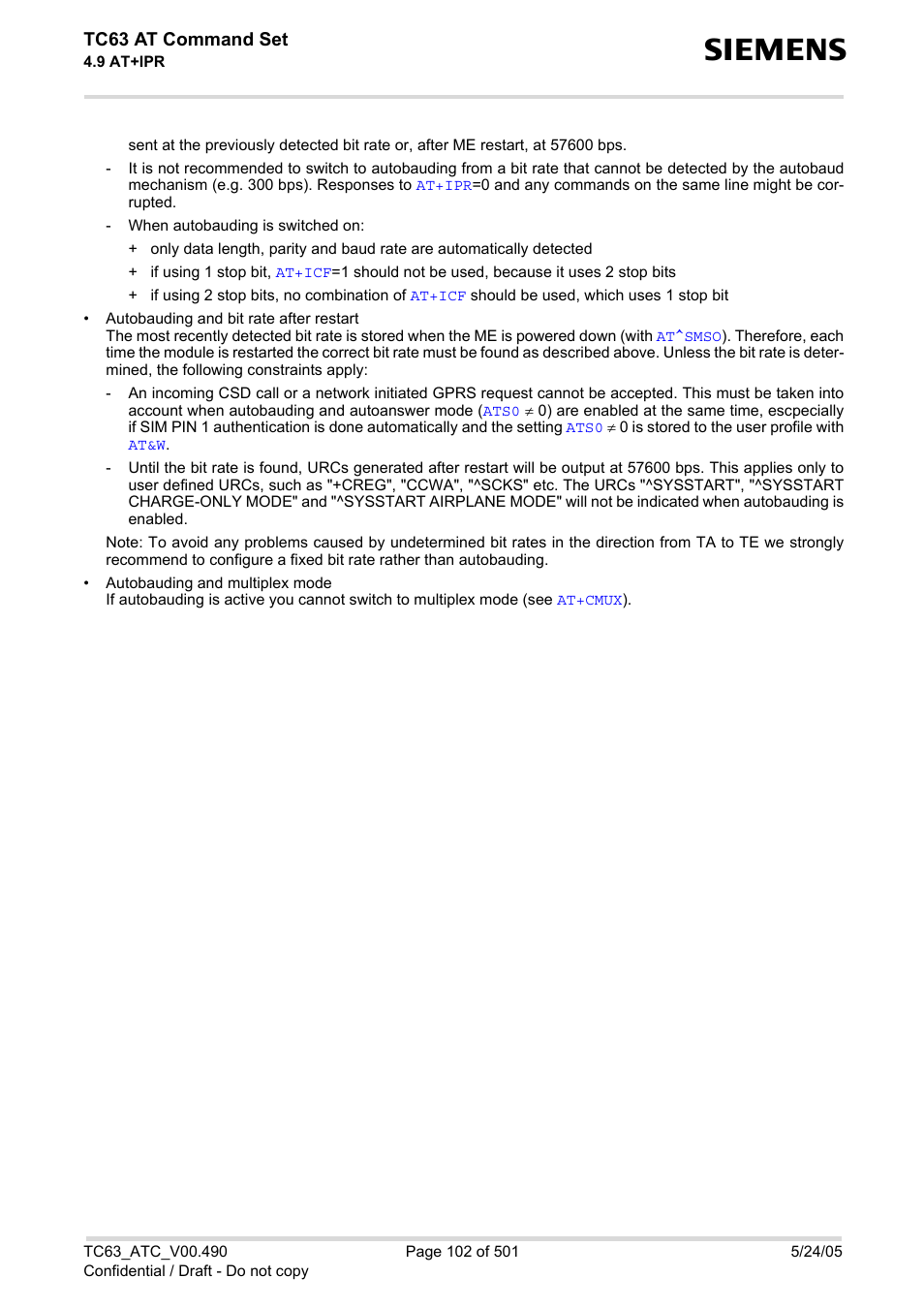 Tc63 at command set | Siemens TC63 User Manual | Page 102 / 501