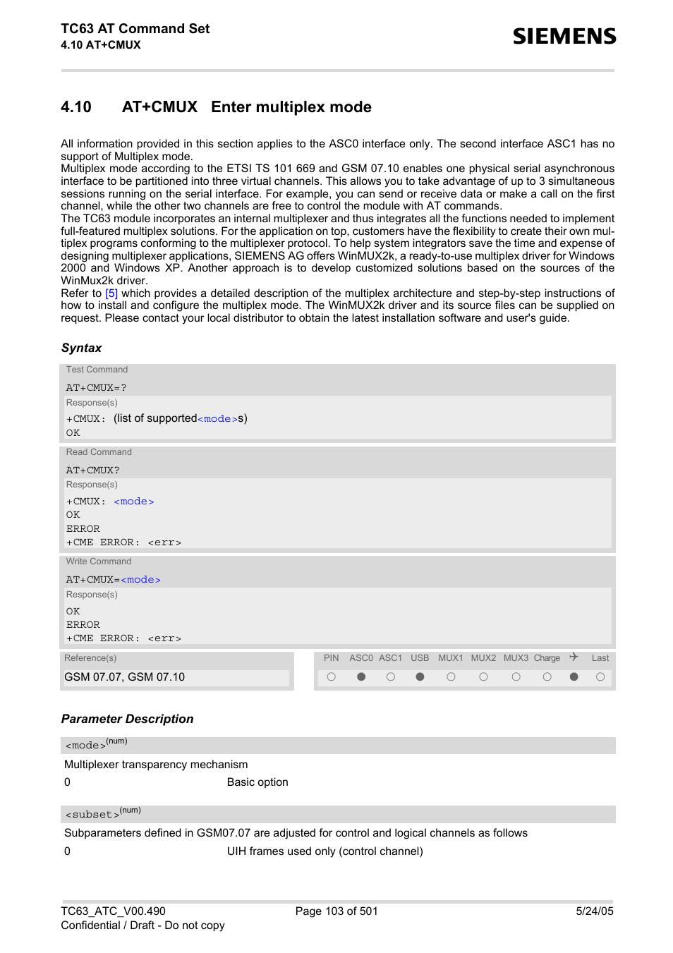 10 at+cmux enter multiplex mode, At+cmux, Tc63 at command set | Siemens TC63 User Manual | Page 103 / 501