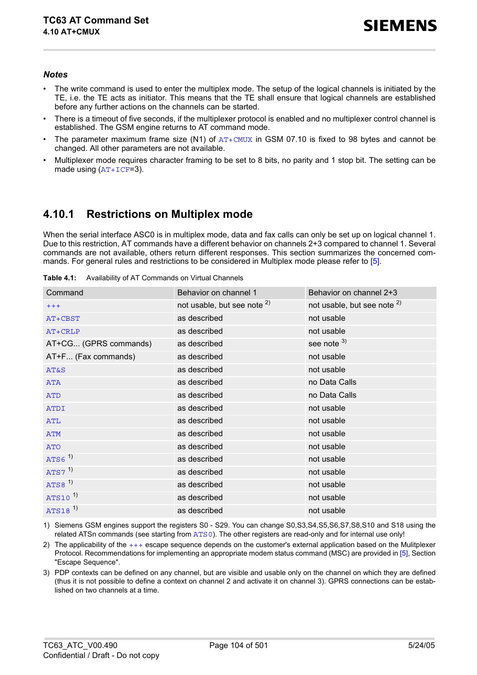 1 restrictions on multiplex mode, Table 4.1, Availability of at commands on virtual channels | Tc63 at command set | Siemens TC63 User Manual | Page 104 / 501