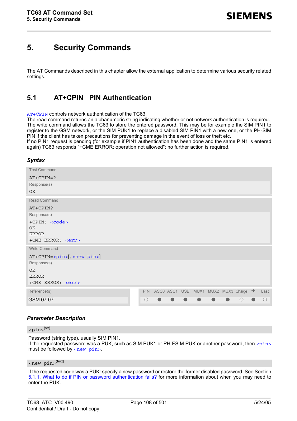 Security commands, 1 at+cpin pin authentication, At+cpin pin authentication | At+cpin, The m, Tc63 at command set | Siemens TC63 User Manual | Page 108 / 501