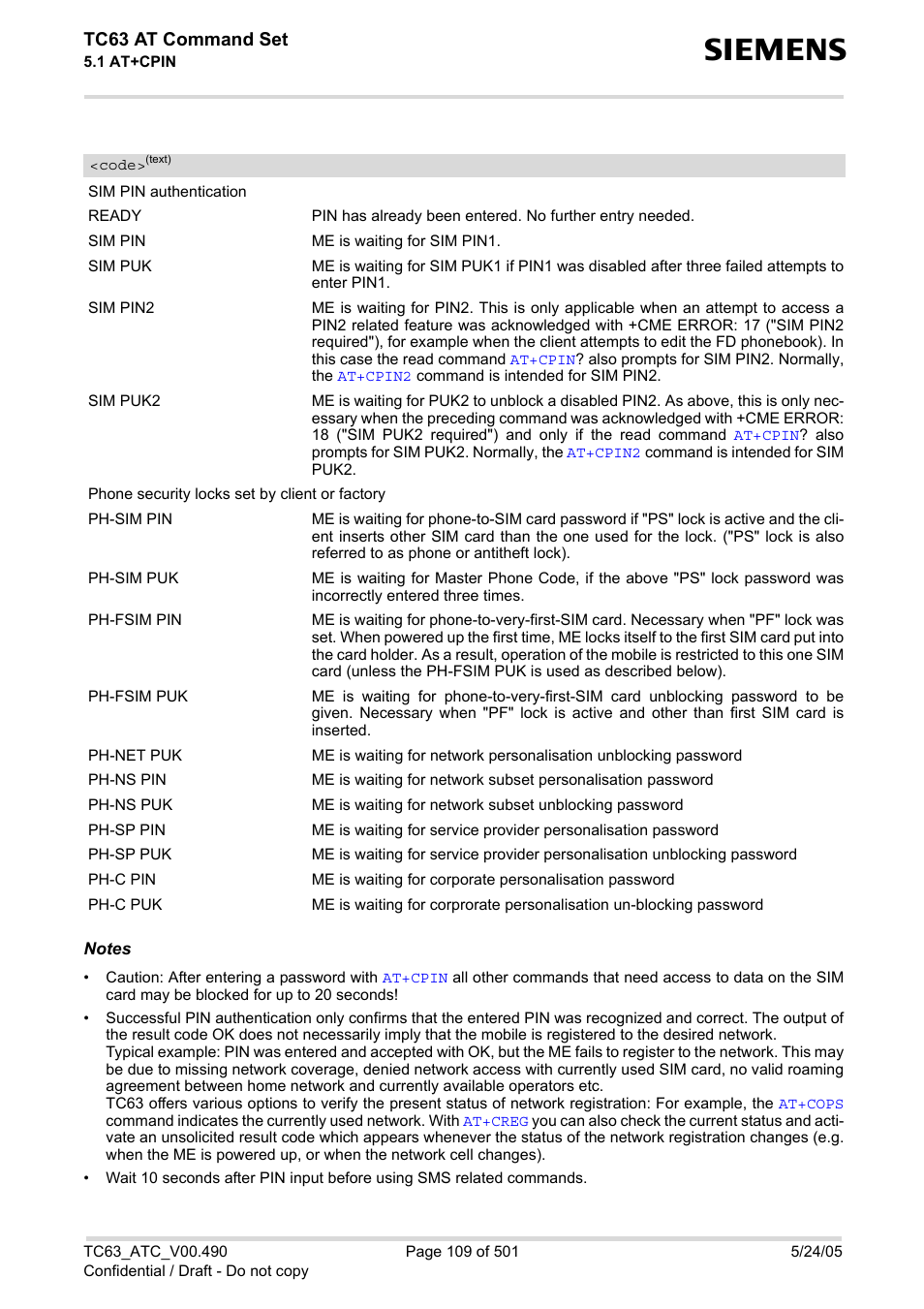 Cpin, Code, Tc63 at command set | Siemens TC63 User Manual | Page 109 / 501