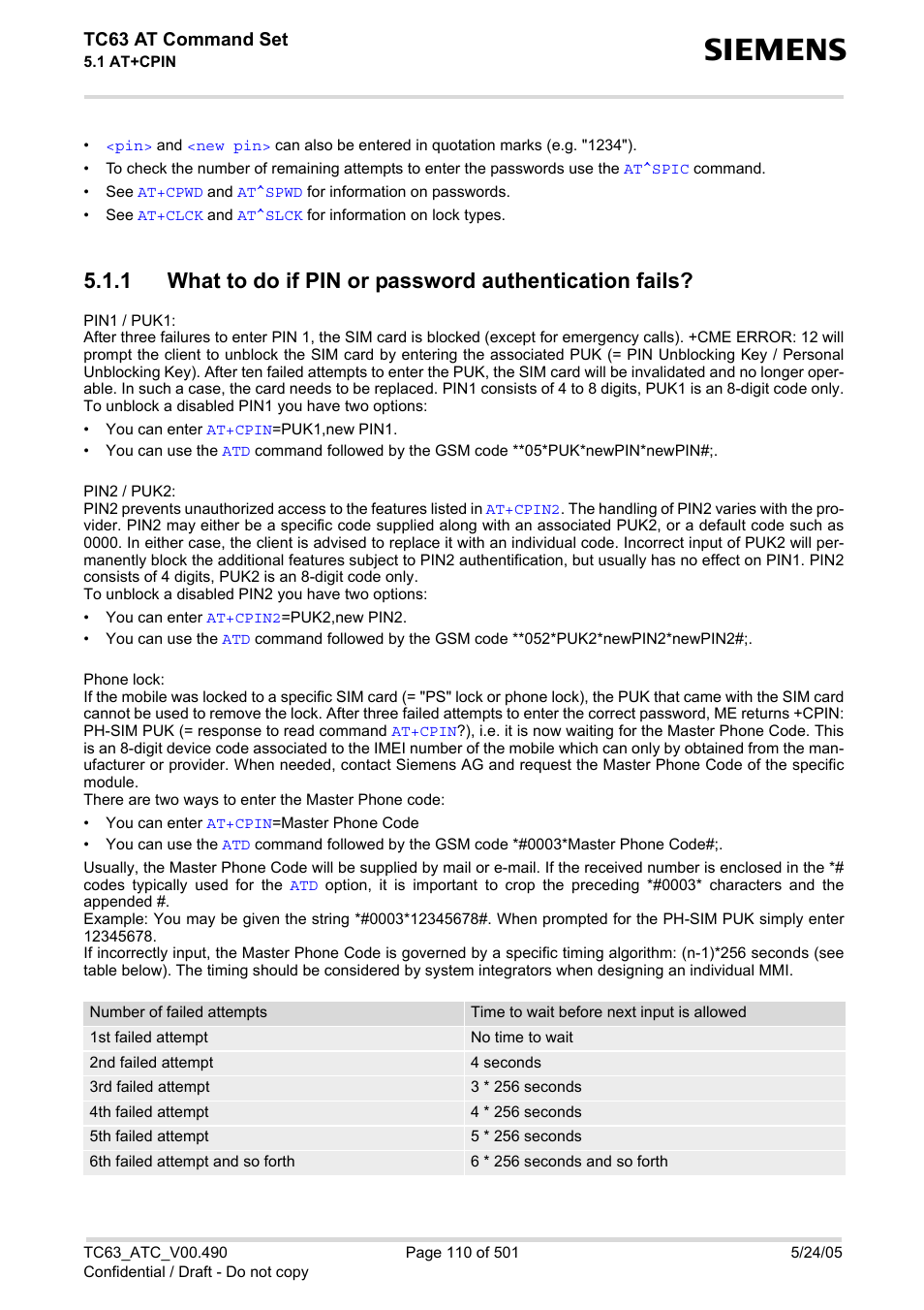 What to do if pin or password authentication fails, Tc63 at command set | Siemens TC63 User Manual | Page 110 / 501