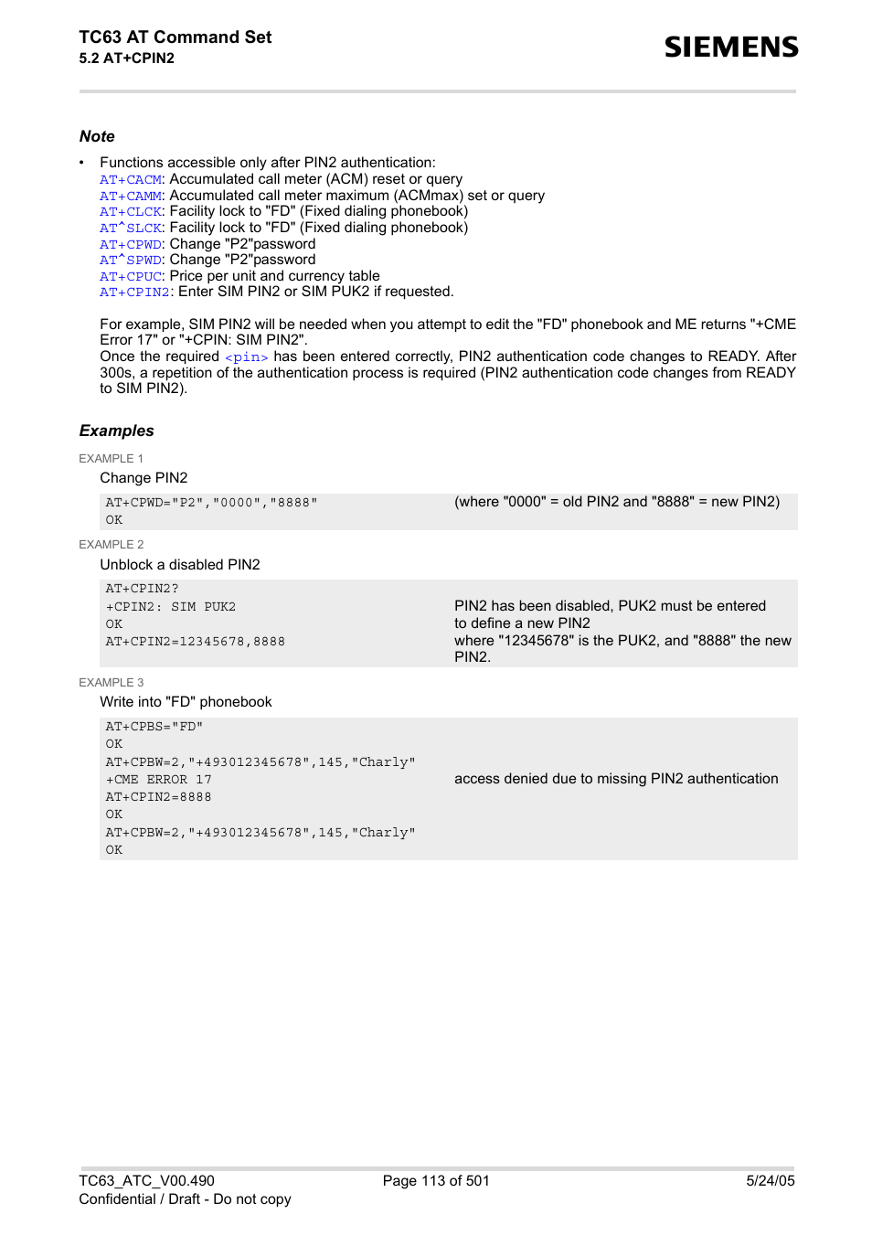 Tc63 at command set | Siemens TC63 User Manual | Page 113 / 501