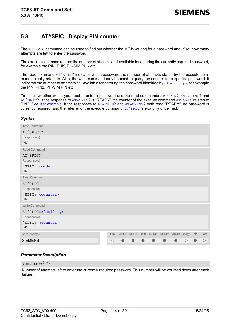 3 at^spic display pin counter, At^spic display pin counter, At^spic | Tc63 at command set | Siemens TC63 User Manual | Page 114 / 501