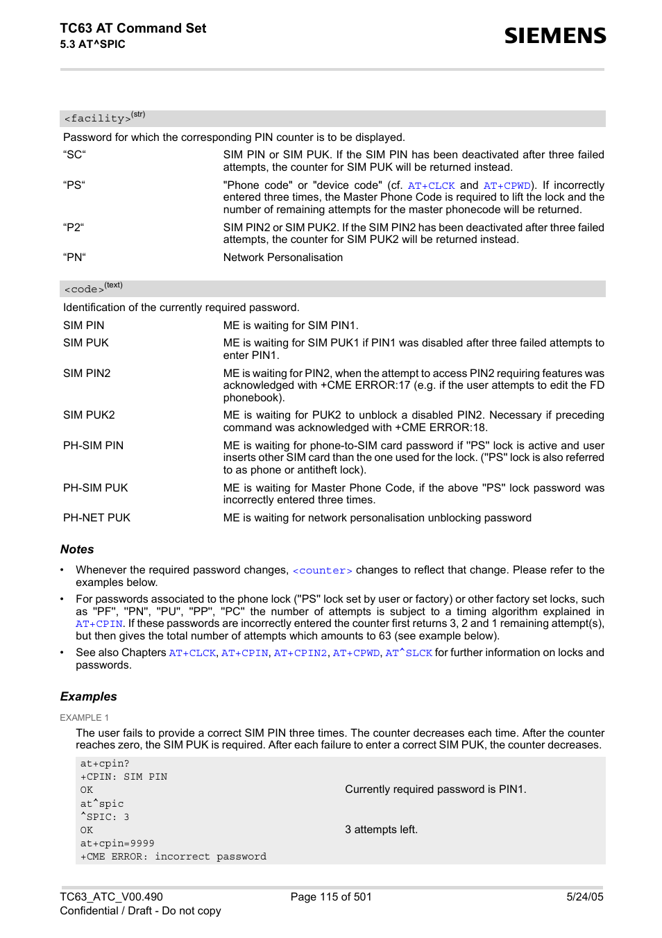 Facility, Spic, Code | Tc63 at command set | Siemens TC63 User Manual | Page 115 / 501