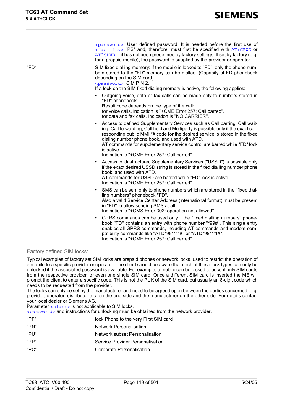 Tc63 at command set | Siemens TC63 User Manual | Page 119 / 501