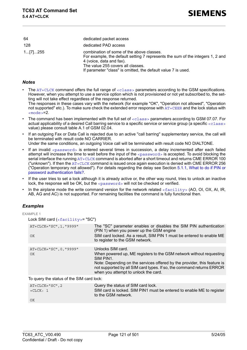 Tc63 at command set | Siemens TC63 User Manual | Page 121 / 501