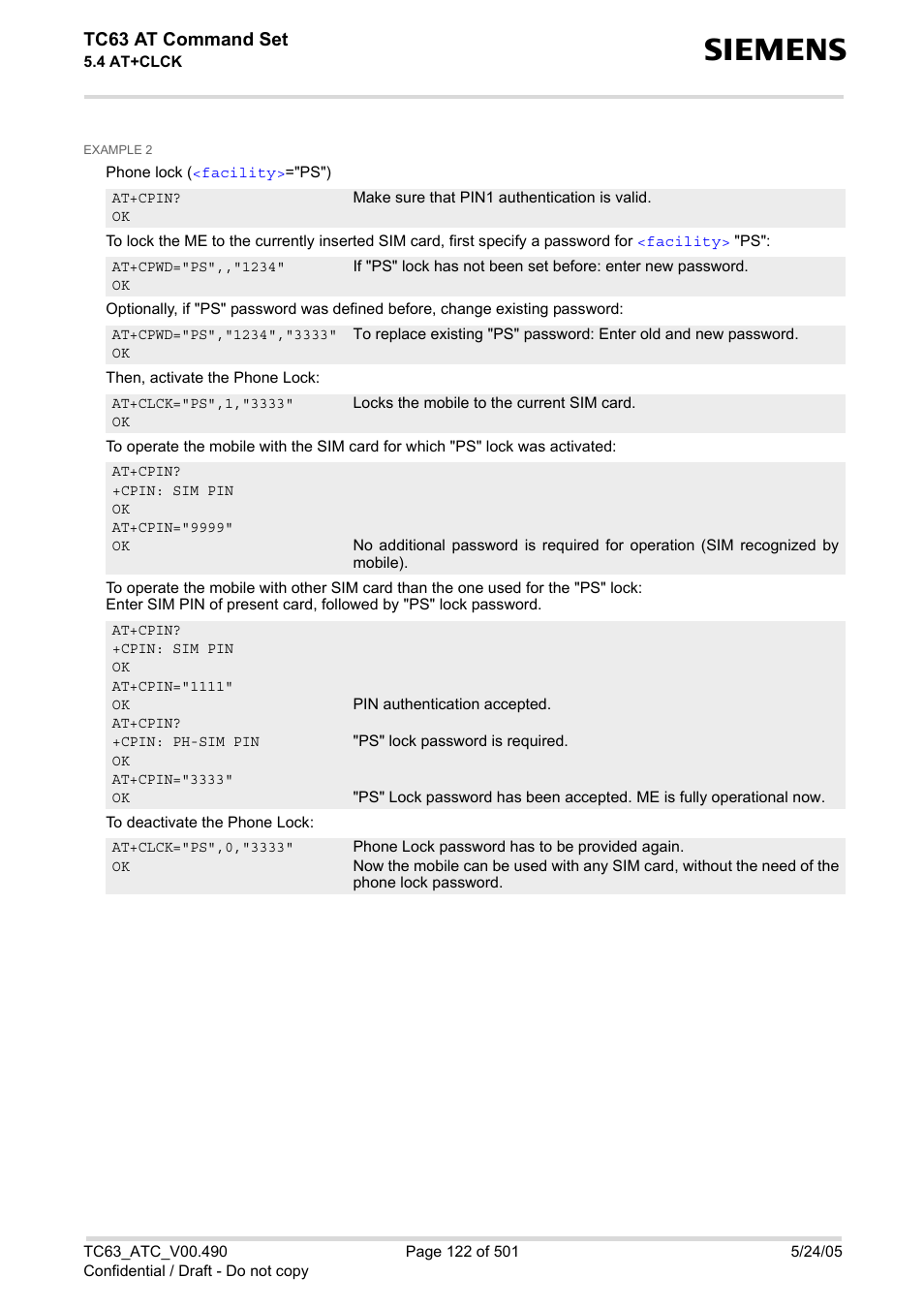 Tc63 at command set | Siemens TC63 User Manual | Page 122 / 501