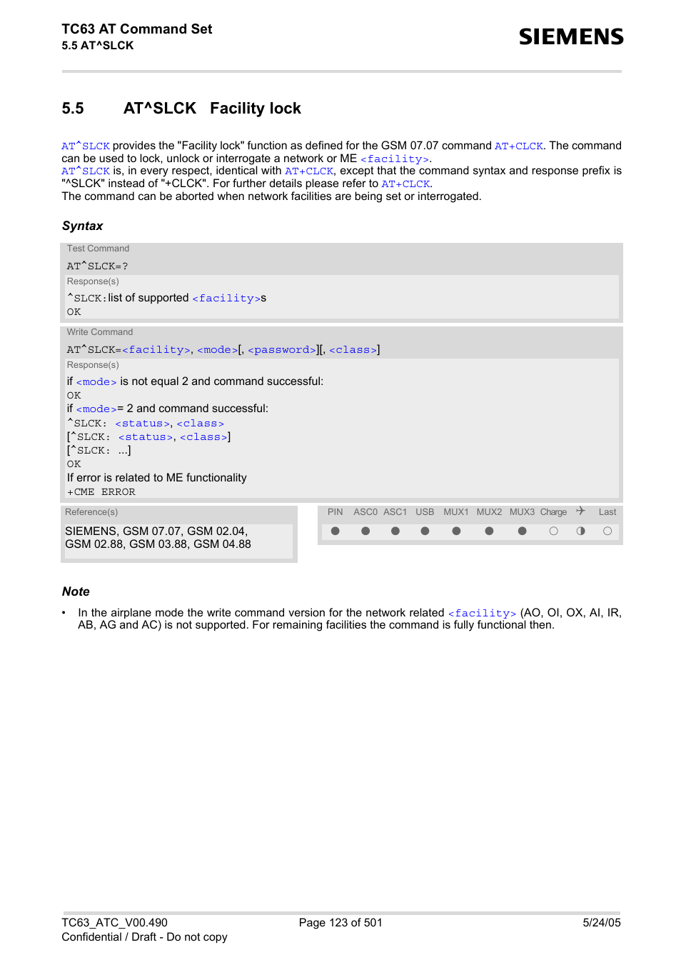 5 at^slck facility lock, At^slck facility lock, At^slck | Tc63 at command set | Siemens TC63 User Manual | Page 123 / 501