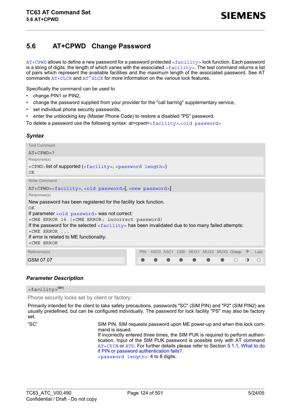 6 at+cpwd change password, At+cpwd change password, At+cpwd | Chan, With, Tc63 at command set | Siemens TC63 User Manual | Page 124 / 501