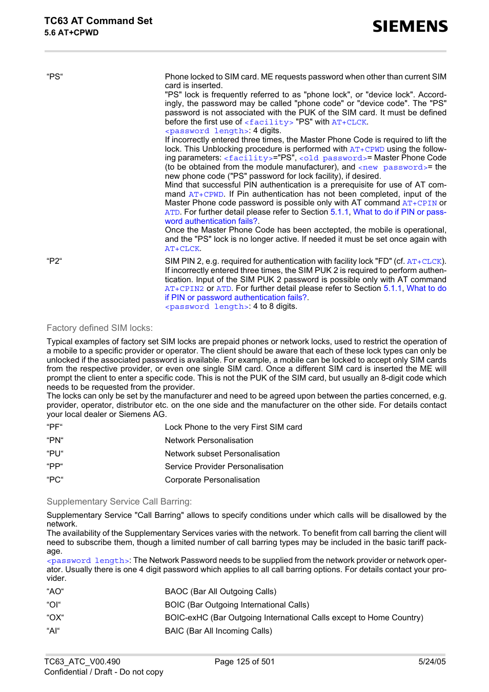 Tc63 at command set | Siemens TC63 User Manual | Page 125 / 501