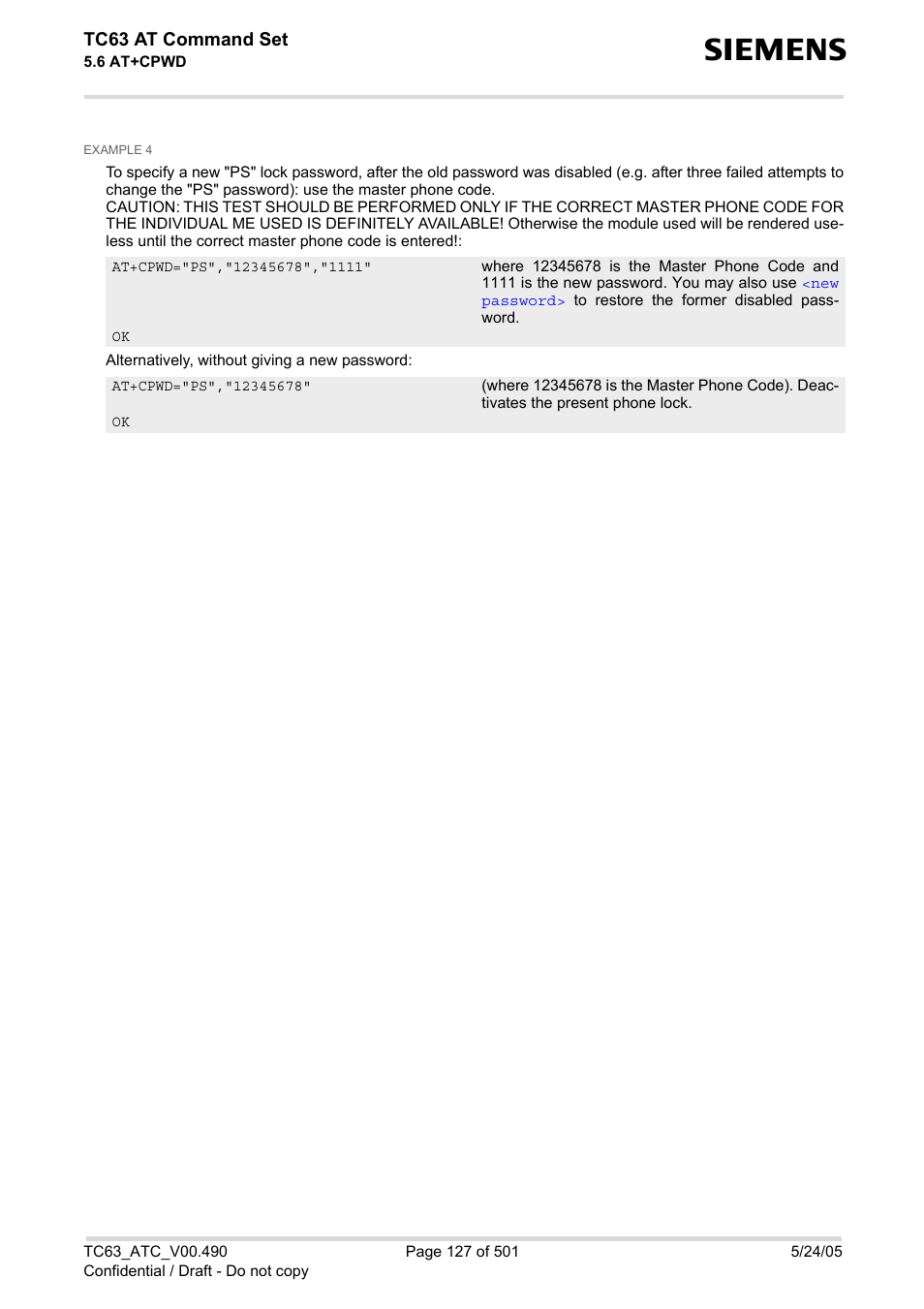 Tc63 at command set | Siemens TC63 User Manual | Page 127 / 501