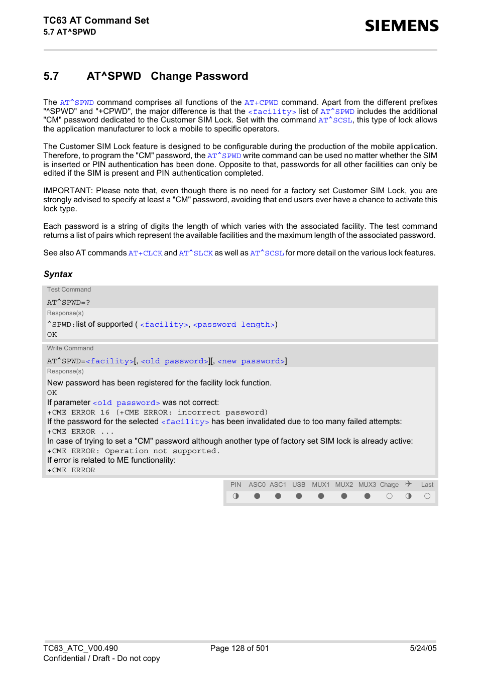 7 at^spwd change password, At^spwd change password, At^spwd | Chan, Tc63 at command set | Siemens TC63 User Manual | Page 128 / 501