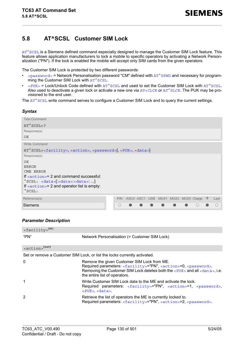 8 at^scsl customer sim lock, At^scsl customer sim lock, At^scsl | This ty, With, Tc63 at command set | Siemens TC63 User Manual | Page 130 / 501