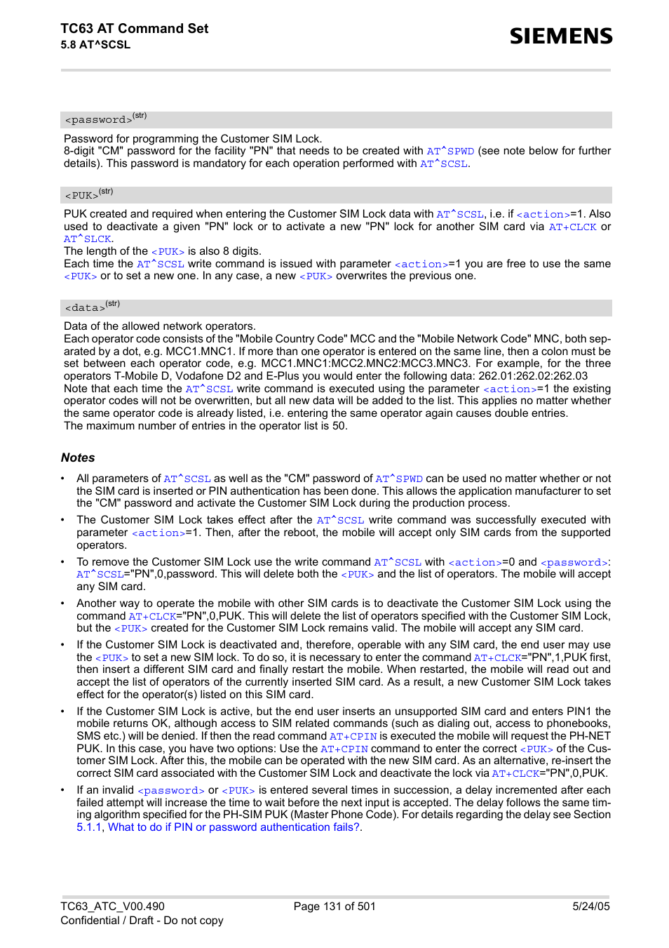 Password, Networ, Data | Scsl, Tc63 at command set | Siemens TC63 User Manual | Page 131 / 501