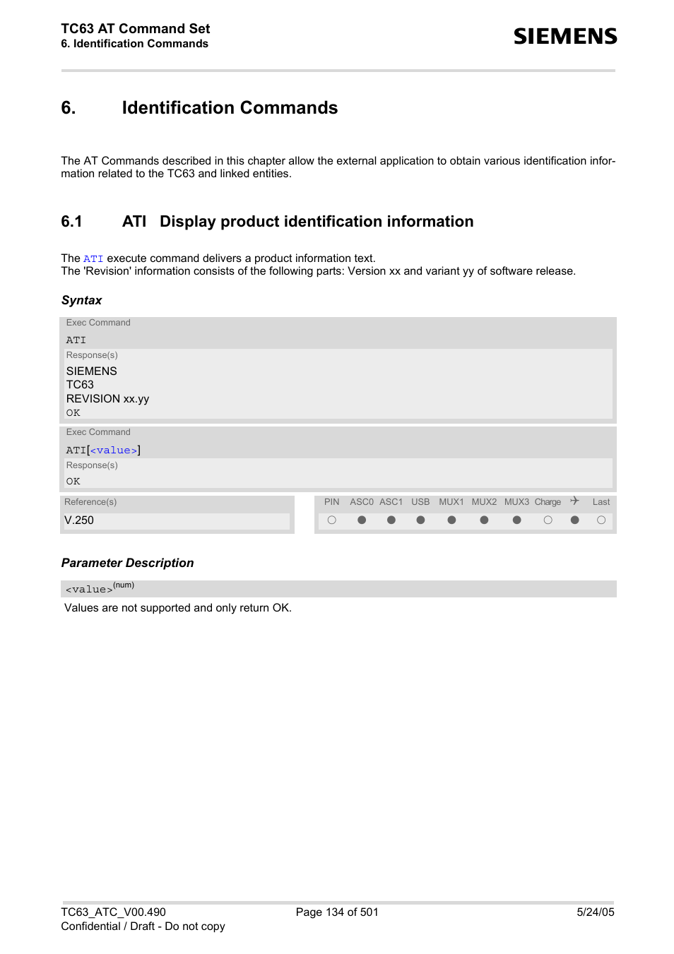 Identification commands, 1 ati display product identification information, Ati display product identification information | Siemens TC63 User Manual | Page 134 / 501