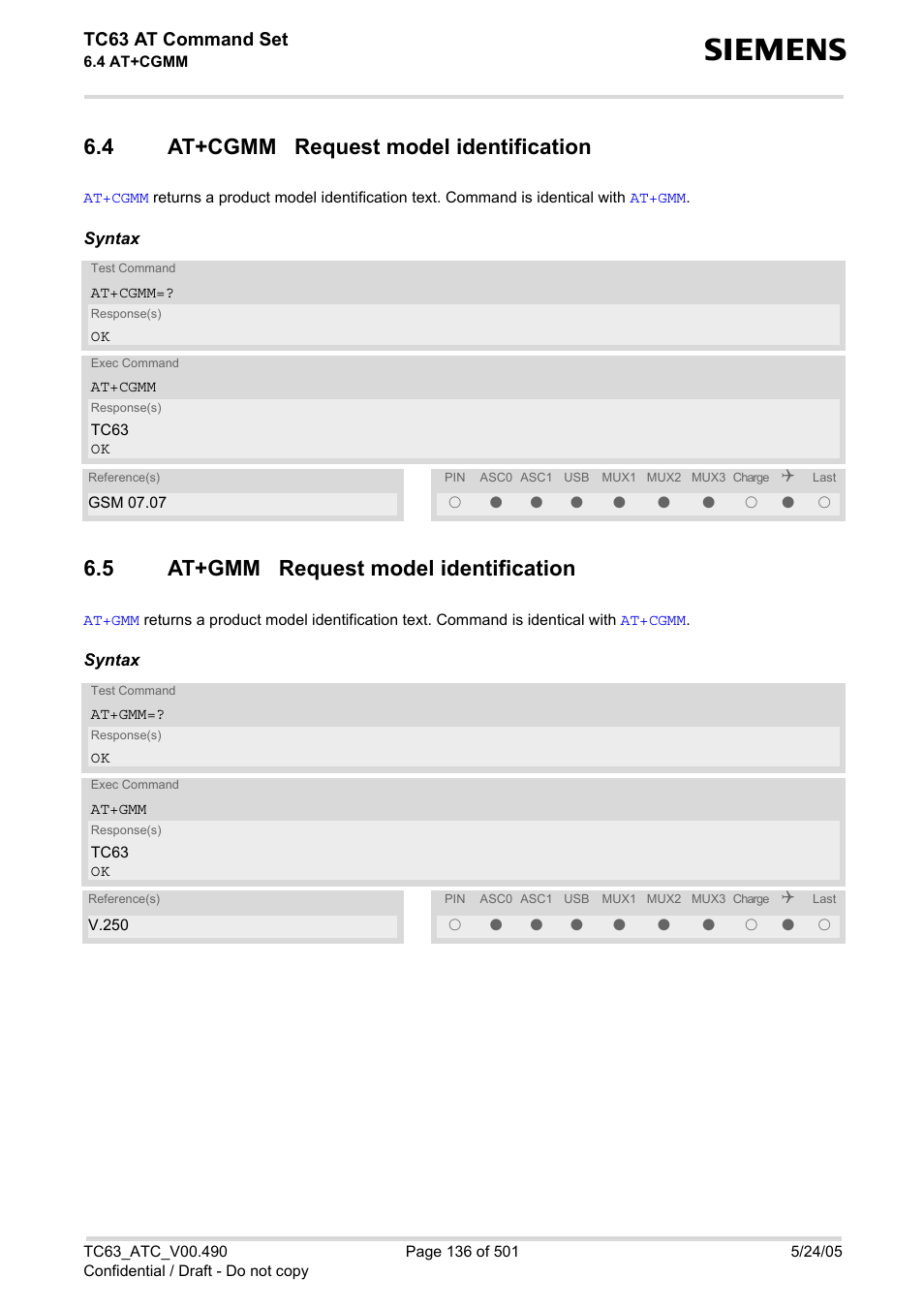 4 at+cgmm request model identification, 5 at+gmm request model identification, At+cgmm request model identification | At+gmm request model identification, Tc63 at command set | Siemens TC63 User Manual | Page 136 / 501