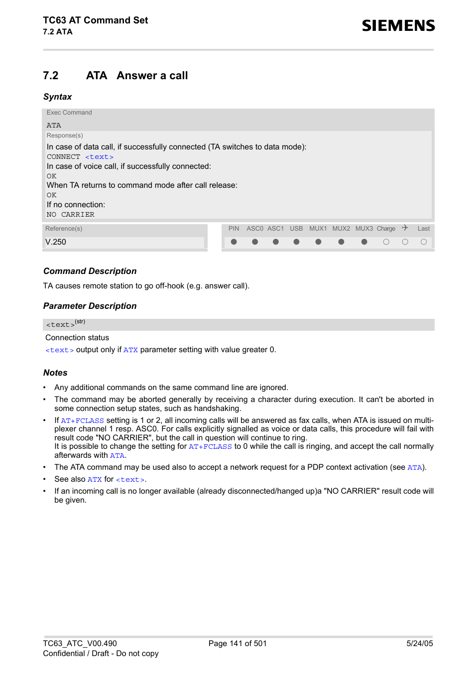 2 ata answer a call, Ata answer a call, With | Text, Tc63 at command set | Siemens TC63 User Manual | Page 141 / 501