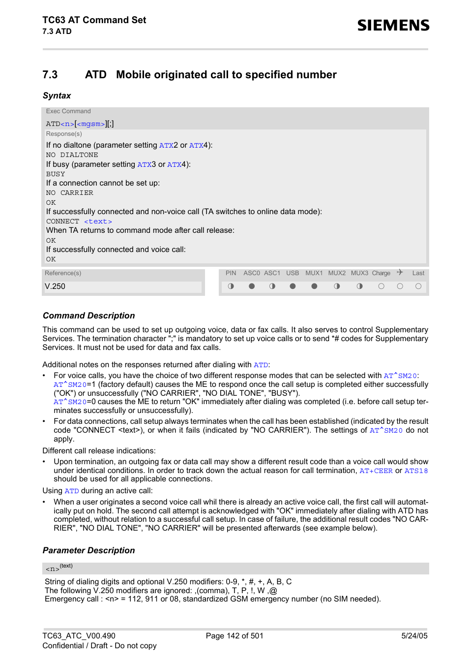 3 atd mobile originated call to specified number, Atd mobile originated call to specified number, Comma | Tc63 at command set | Siemens TC63 User Manual | Page 142 / 501