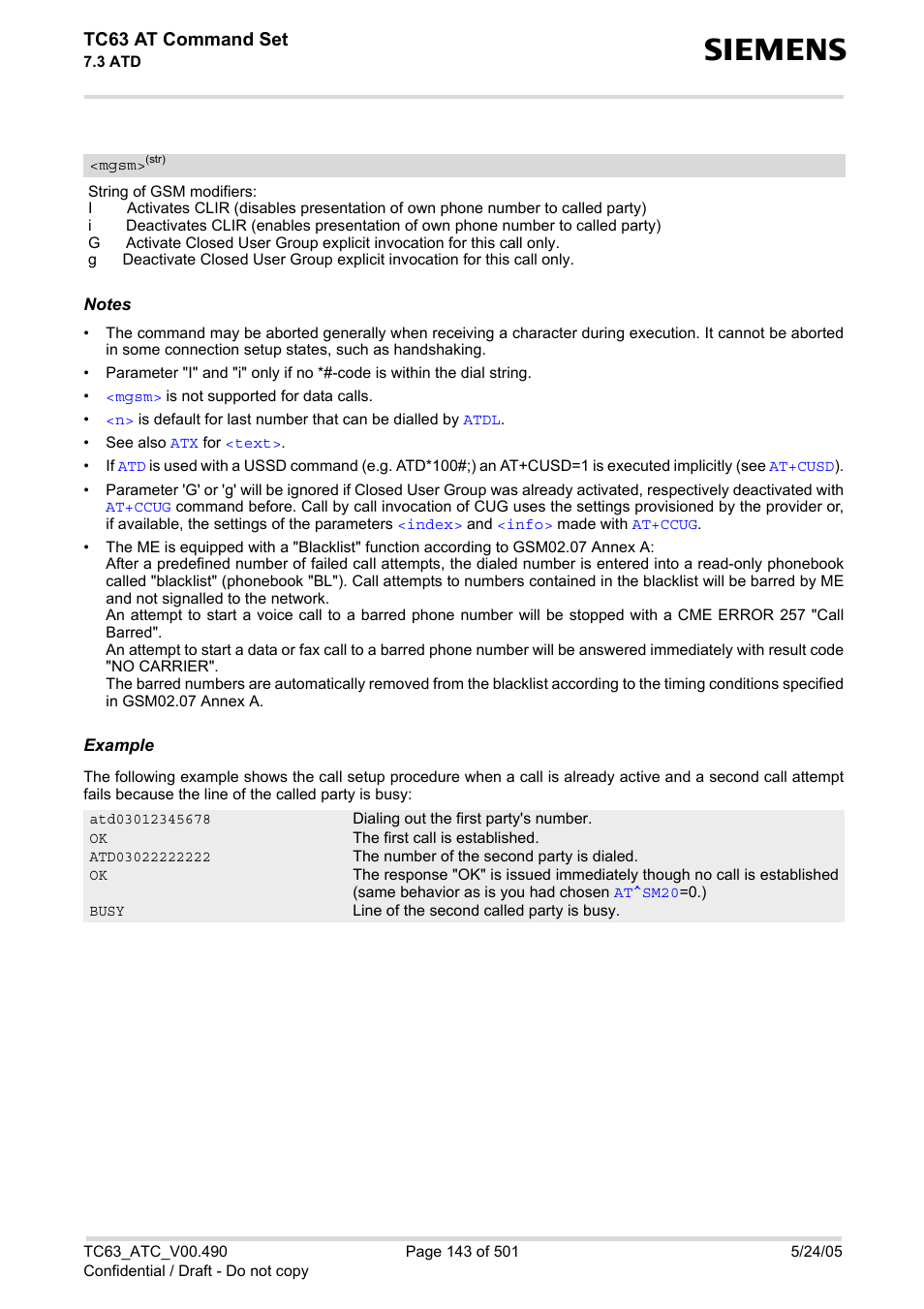 Mgsm, Tc63 at command set | Siemens TC63 User Manual | Page 143 / 501