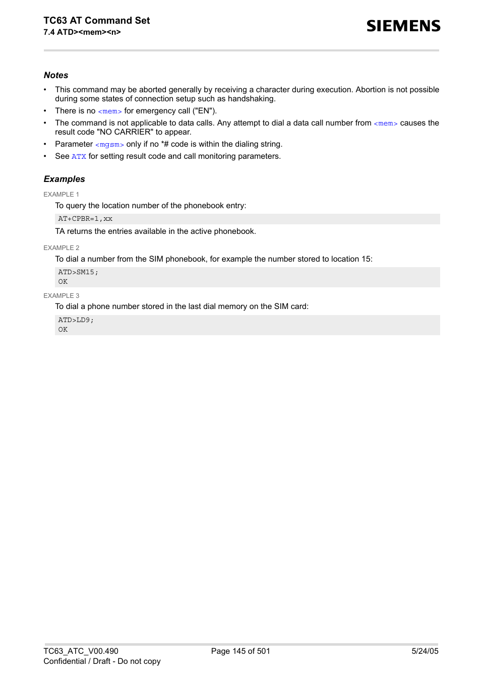 Tc63 at command set | Siemens TC63 User Manual | Page 145 / 501