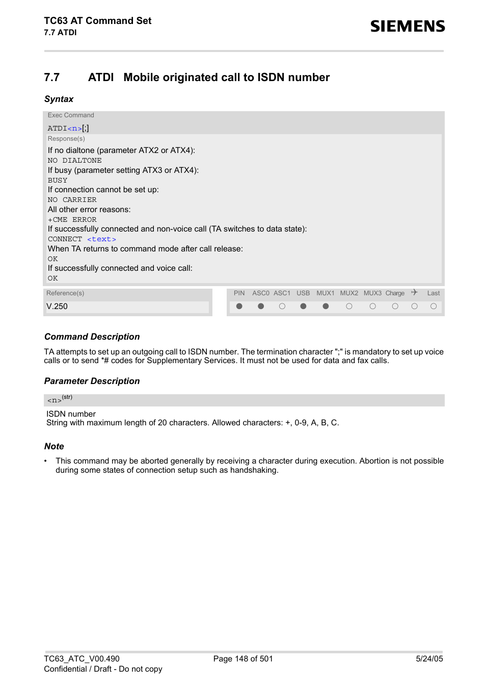 7 atdi mobile originated call to isdn number, Atdi mobile originated call to isdn number, Atdi | Tc63 at command set | Siemens TC63 User Manual | Page 148 / 501