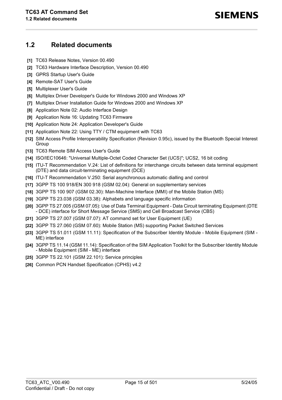 2 related documents, Related documents, Tc63 at command set | Siemens TC63 User Manual | Page 15 / 501