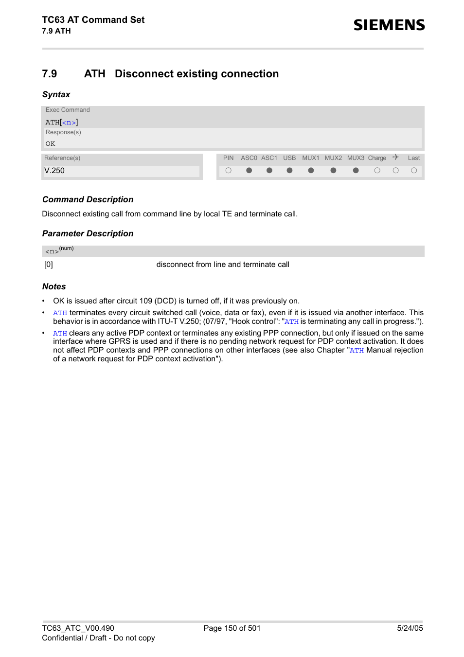 9 ath disconnect existing connection, Ath disconnect existing connection, Tc63 at command set | Siemens TC63 User Manual | Page 150 / 501